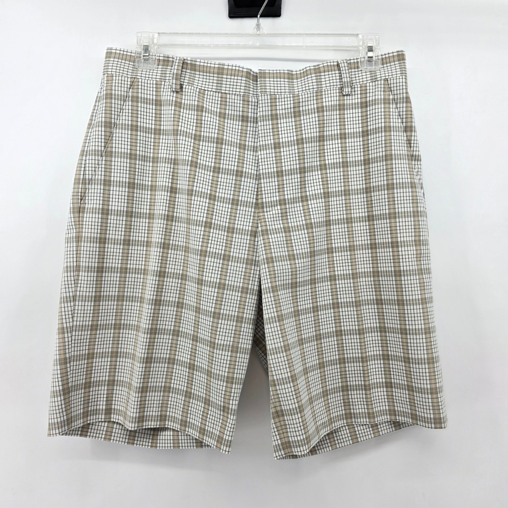 Nike Tiger Woods Collection Mens 34 Plaid Golf Shorts Tan White Black Stretch